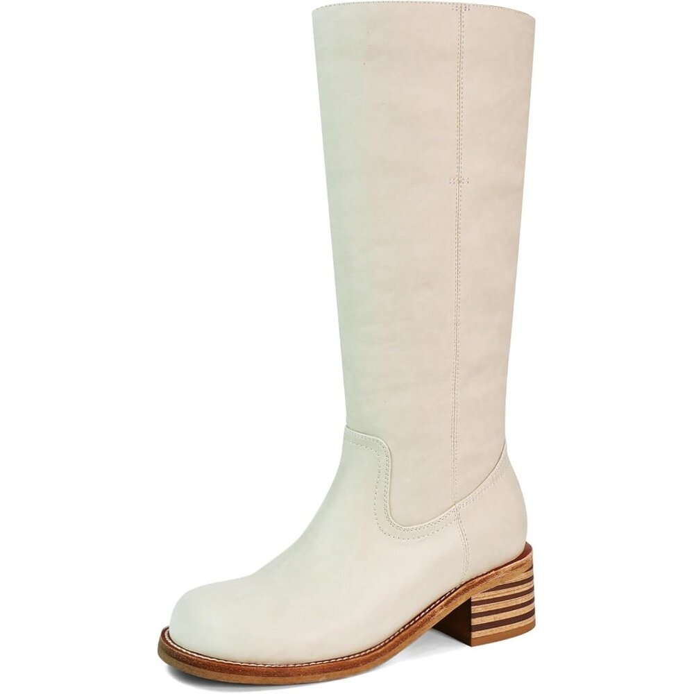 〽️Women's Beige Knee High Square Toe Chunky Block Heel Comfortable Long Boots